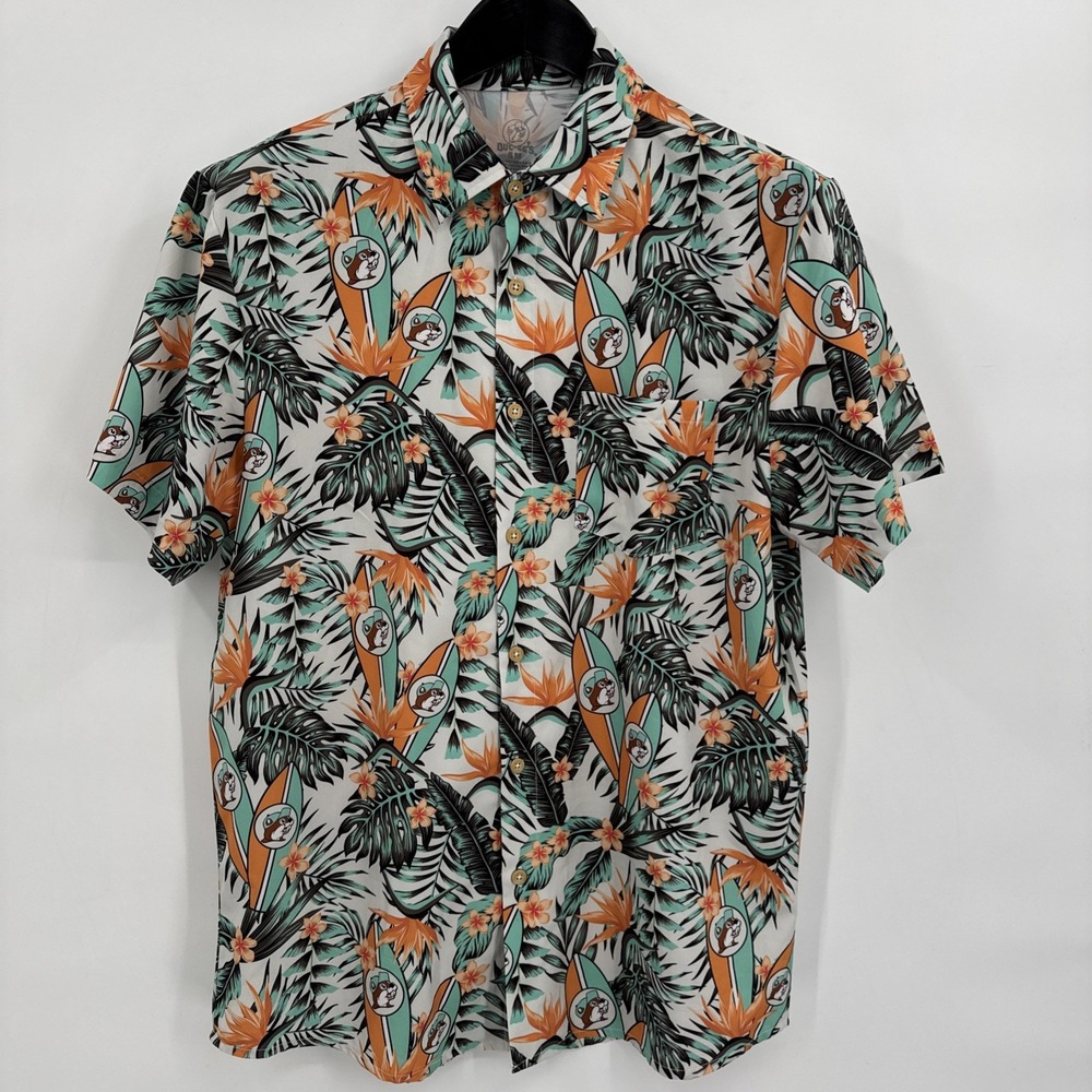 Buc-ees Mens Floral Short‎ Sleeve Hawaiian Shirt Size S Beaver Logo